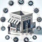 A modern shop with a small business sign, surrounded by secondary AI icons like gears, a brain, and data charts, illustrating the impact of AI on small business operations in 2024.