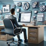 Business owner managing digital tasks using WordPress automation tools in a modern office setting.