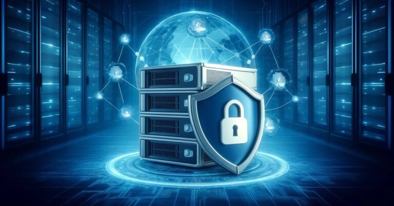 Secure web server with lock and shield representing website protection.
