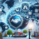 Illustration of a global e-commerce scene with icons representing data protection, consumer rights, taxation, intellectual property, and trade laws, with Australian business owners interacting with these elements.