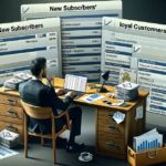 A business manager sits at a desk organising various email lists into categories like 'New Subscribers,' 'Loyal Customers,' and 'Prospects,' with a laptop displaying email marketing software and documents highlighting GDPR and CAN-SPAM compliance.