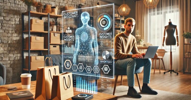 Small business owner using a laptop with a digital assistant hologram displaying data charts, customer insights, and inventory management screens.