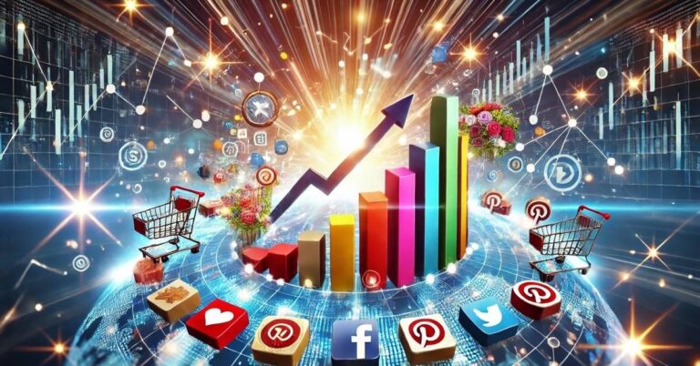 Digital marketplace showcasing social media integration with e-commerce elements and rising sales.