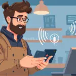 A small business owner interacting with a smart speaker in a lively café setting.