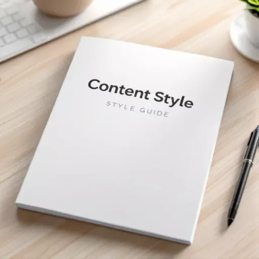 Illustration of a content style guide with sections for voice, grammar, formatting, visuals, messaging, examples, and SEO