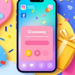 Illustration of a smartphone displaying a social media contest with confetti and gift icons
