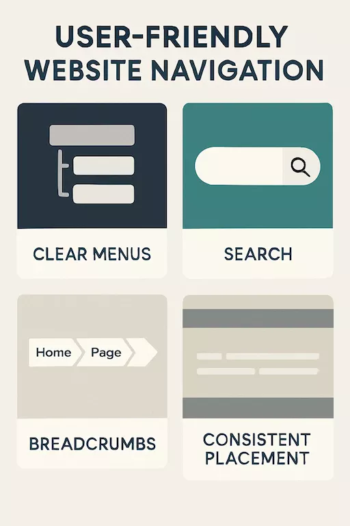 Diagram illustrating clear, hierarchical website menus with dropdowns, search bar, breadcrumbs, and consistent placement
