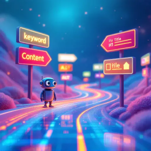 Illustration of SEO concepts with keywords and website content optimization