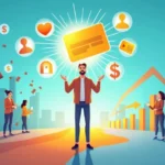 Illustration of a happy online shopper surrounded by loyalty rewards icons