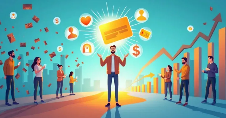 Illustration of a happy online shopper surrounded by loyalty rewards icons