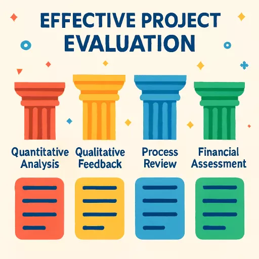 Infographic illustrating the four pillars of effective project evaluation: Quantitative Analysis, Qualitative Feedback, Process Review, and Financial Assessment