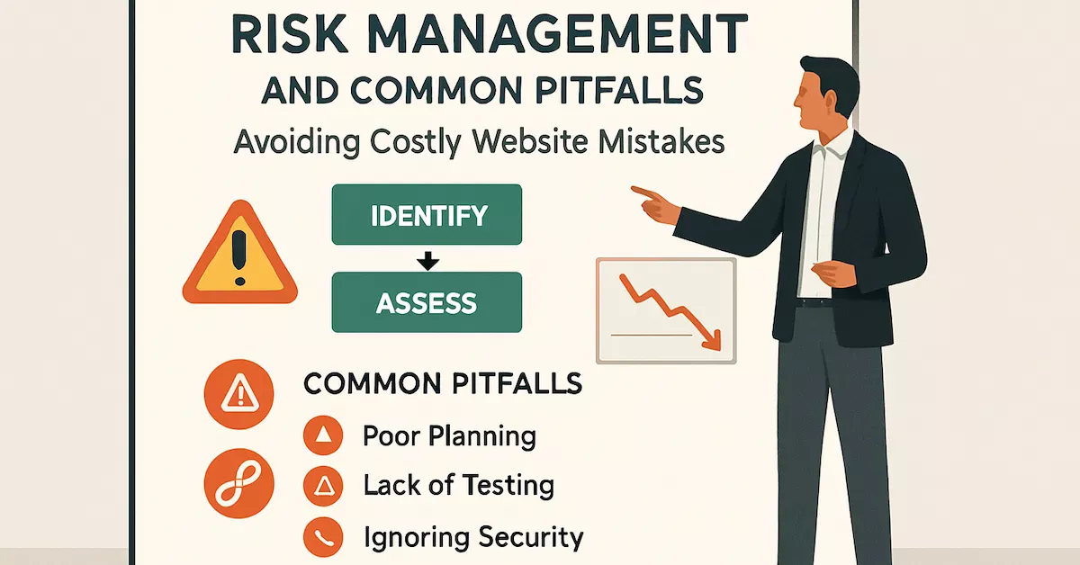 Illustration of a person managing risks while building a website to avoid costly mistakes