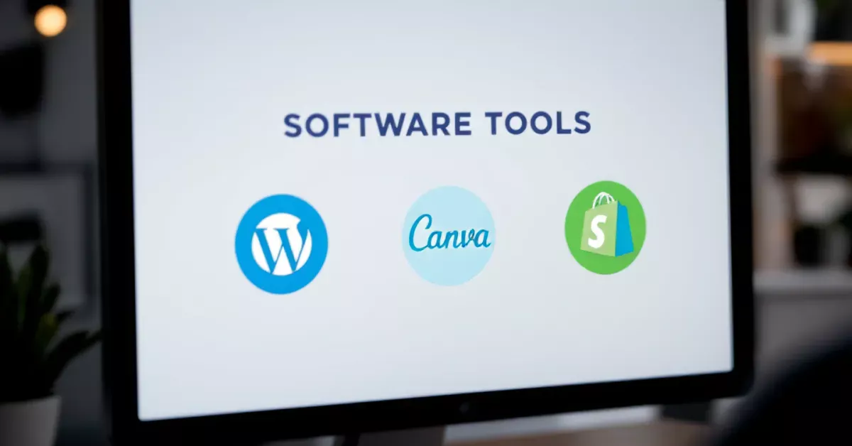 Illustration of various software tools and icons used for website building