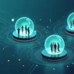 Illustration of diverse people connected through AI technology in an online community