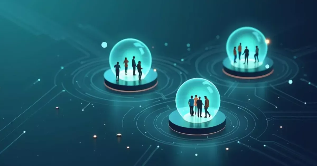 Illustration of diverse people connected through AI technology in an online community