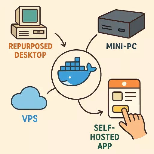 A compact home server setup with a mini-PC and Docker applications running