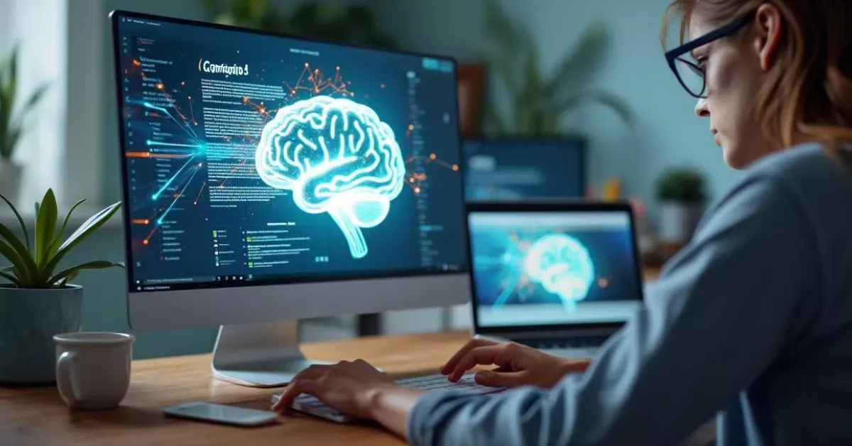 Illustration of a solo blogger working on a laptop with headless CMS concept icons