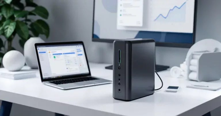 Illustration of a small business owner managing Docker containers on a laptop to reduce subscription costs