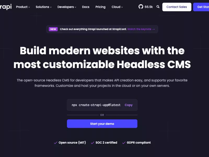 Strapi logo with text indicating it is an open-source headless CMS