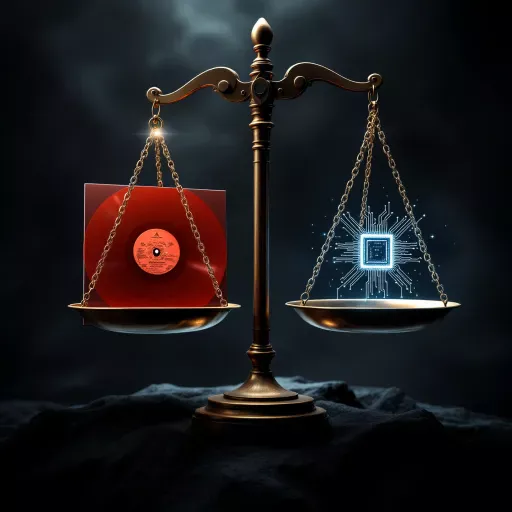 Conceptual image showing AI technology interacting with musical notes and a musician playing guitar