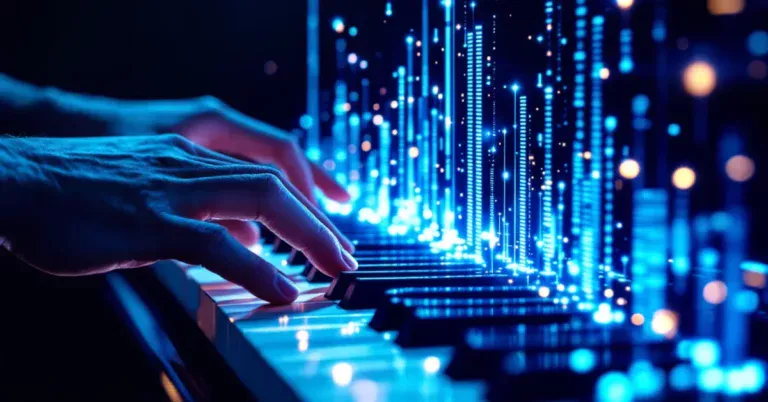 Digital illustration of AI creating music with futuristic soundwaves and musical notes