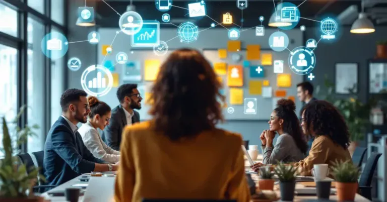 Illustration of a busy office worker using AI tools on a laptop to manage tasks
