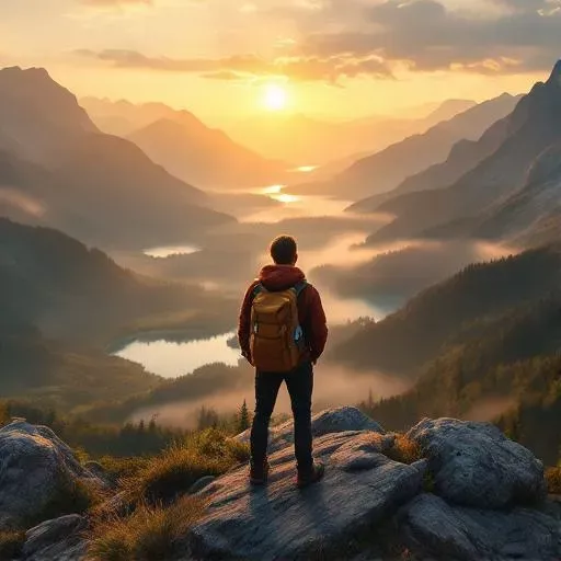 Backpacker standing on a mountain overlook at sunrise, viewing lakes and forests below with mist in the valleys
