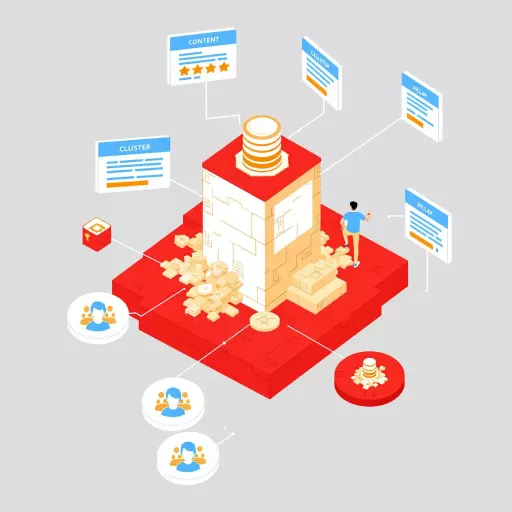 Diagram illustrating content strategy with topic clusters, content calendar, and outreach methods