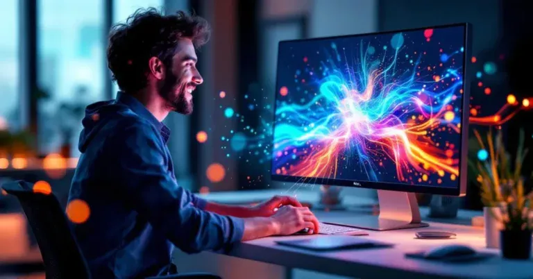 Illustration of a person using an AI image generator on a laptop to create unique blog visuals